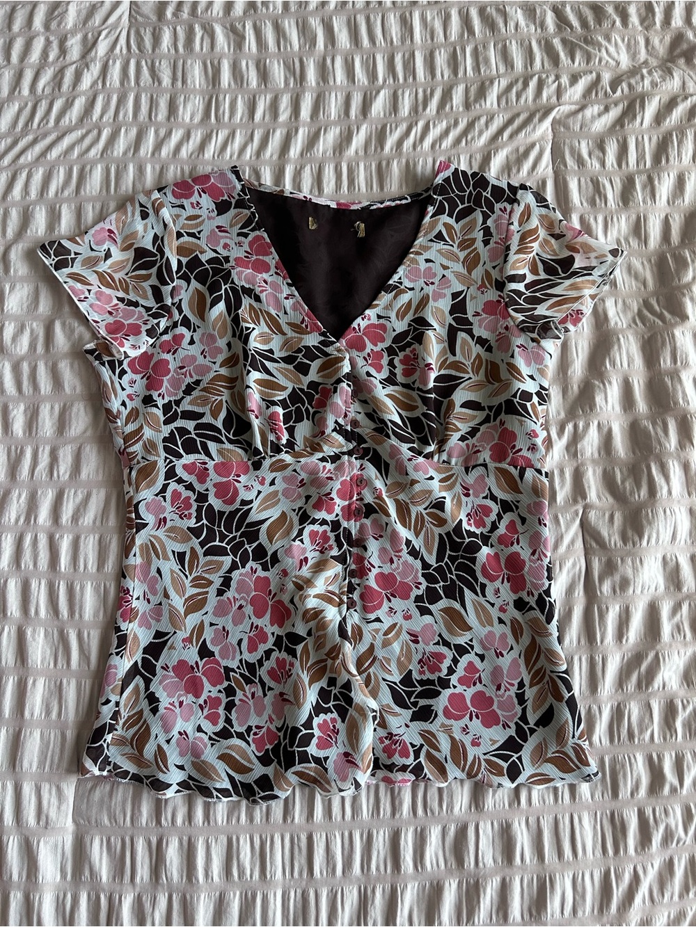 Brown and Pink Floral Cottage Core Baby Doll Blouse (S)